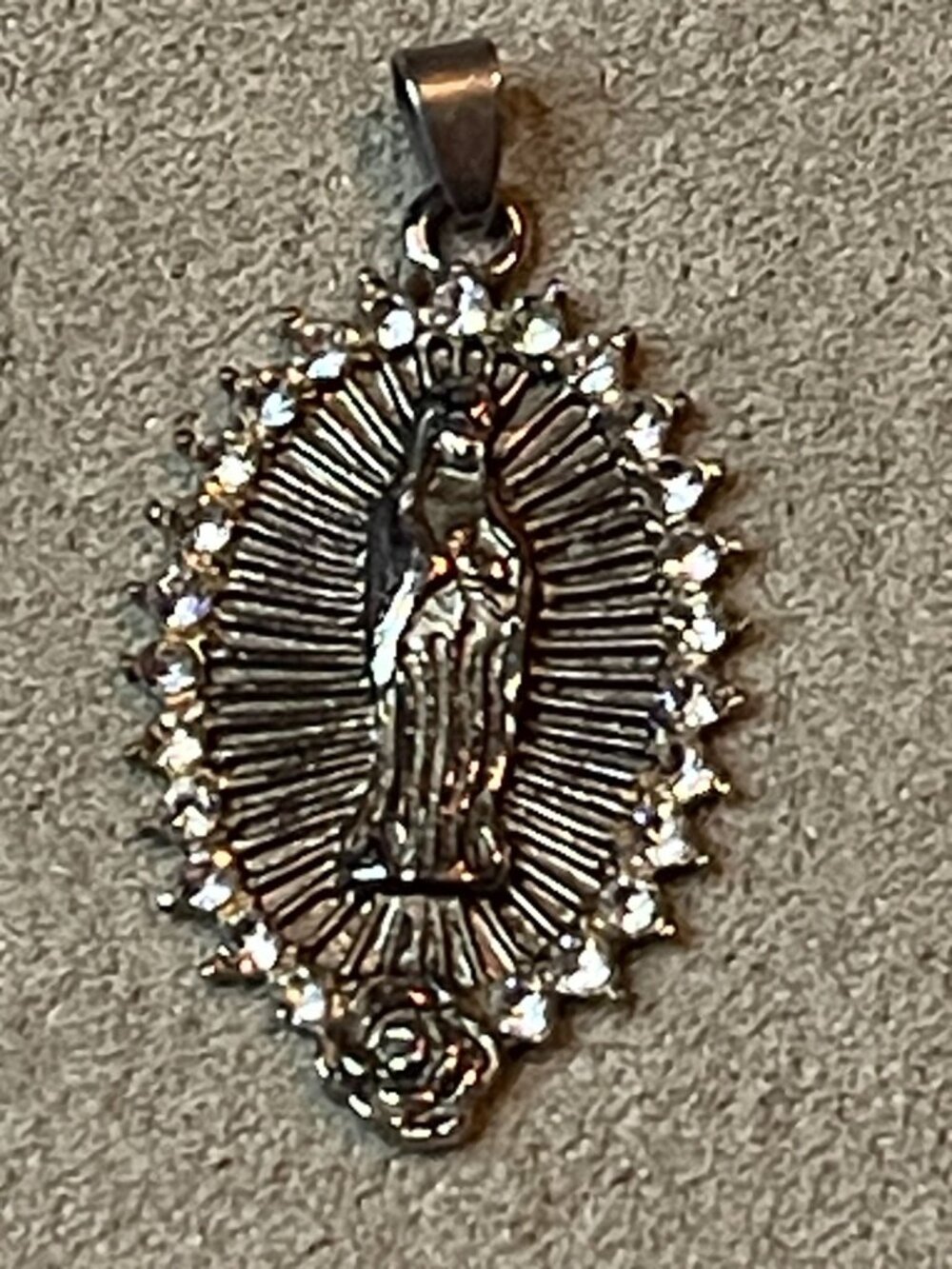 Virgin Mary Our Lady of Guadalupe Pendant Silver Tone Rhinestone Halo Rose Charm